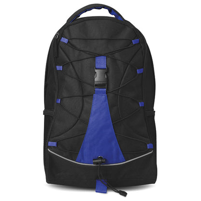 Mochila de deporte negra y azul con cordones elásticos en parte frontal 