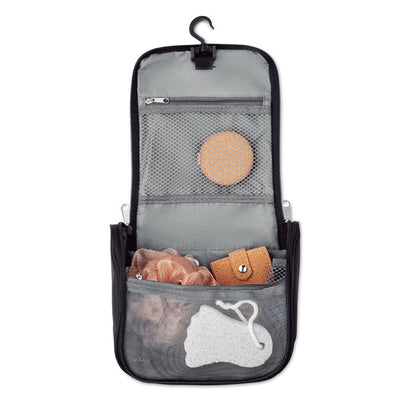Neceser de viaje con varios compartimentos interiores con cremallera y con percha en la parte superior para poder colgar