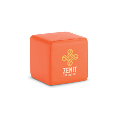 Cubo anti estres naranja personalizado con logotipo en una cara