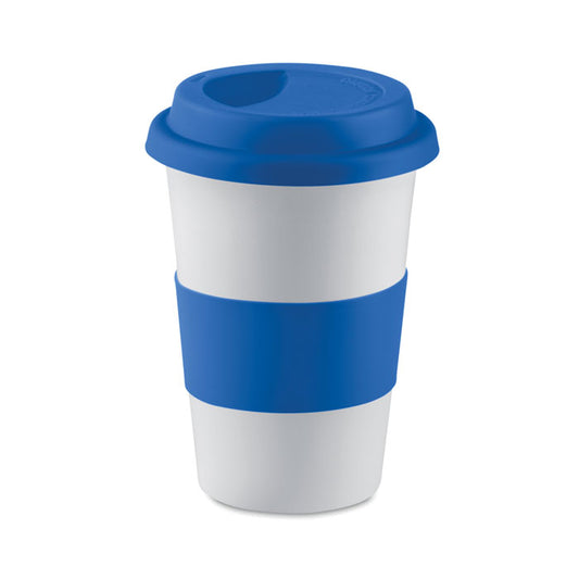 Vaso de cerámica blanca con tapadera y tira de silicona azul