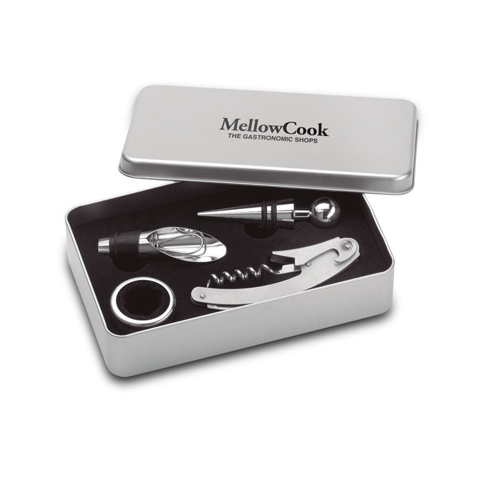 Set de herramientas de vino en elegante caja de metal, incluye sacacorchos, dosificador y tapón.