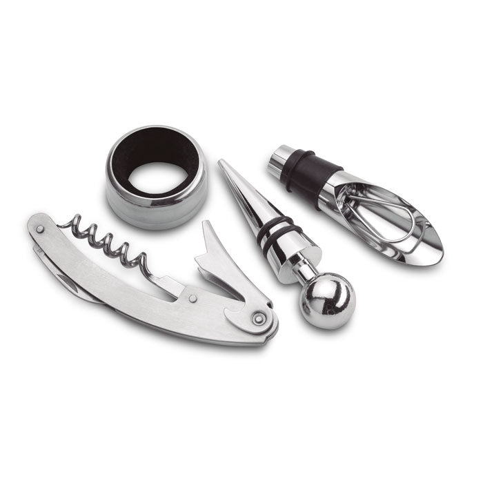 Conjunto de accesorios de vino en metal: sacacorchos, tapón, dosificador y anillo anti goteo en diseño elegante.