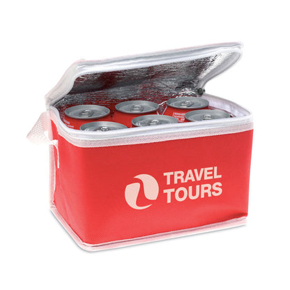 Nevera bolsa portátil roja  y blanca, abierta con latas. Logo impreso