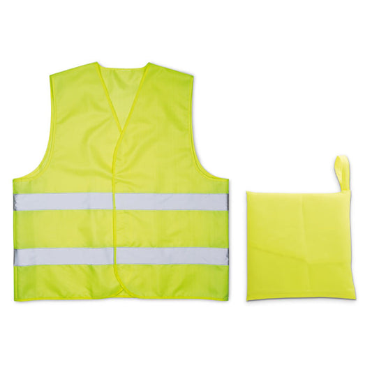 Chaleco reflectante amarillo de poliéster con bandas reflectoras, presentado junto a su bolsa de almacenamiento.