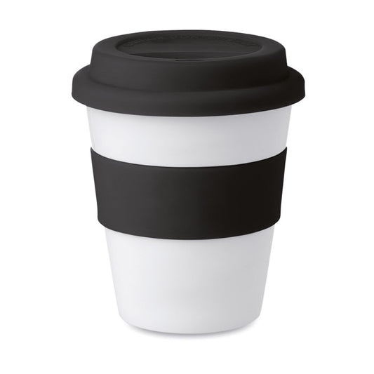 Vaso de PP blanco con tapa de silicona negra y banda antideslizante, capacidad de 350 ml.