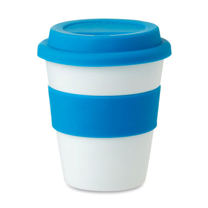 Vaso de viaje blanco con tapa y banda de silicona antideslizante azul