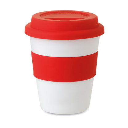 Vaso de PP blanco con tapadera y faja de silicona roja