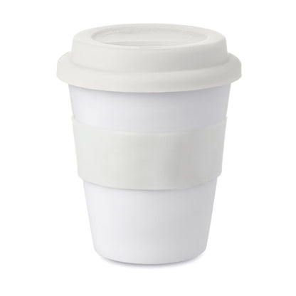 Vaso de plástico blanco brillante con tapa y con faja de silicona de agarre verde lima