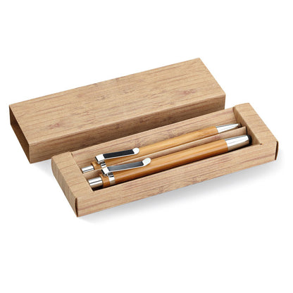 Set de bolígrafo y lápiz de bambú en caja de madera