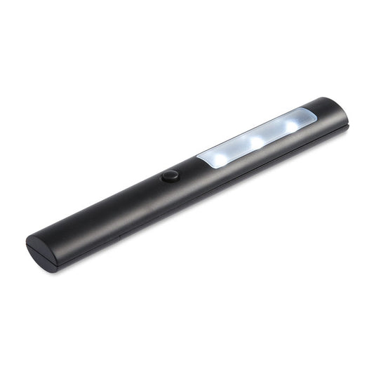 Linterna de emergencia negra con 3 luces LED y botón de encendido, ideal para situaciones de emergencias.
