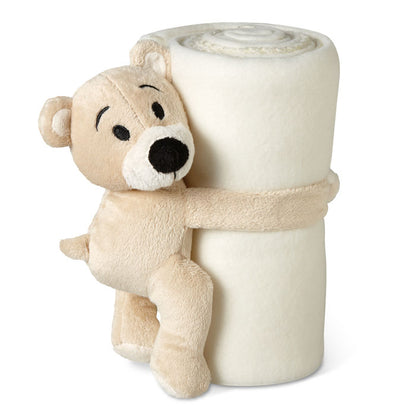 Manta beige polar con osito de peluche abrazado a ella
