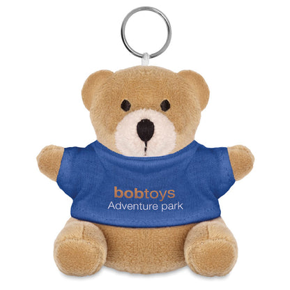 Oso de peluche con llavero y camiseta azul personalizada con logotipo