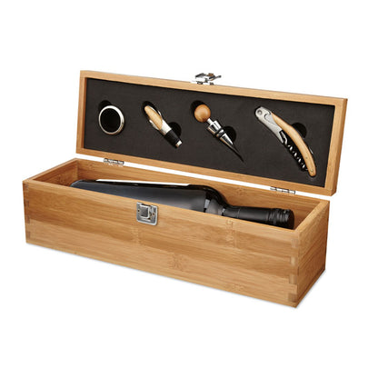 Caja de madera para botella de vino  con collar de botella, vertedor, tapón y sacacorchos.