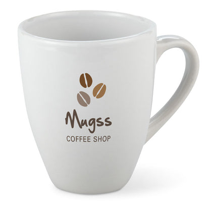 Mug blanca de gres de diseño redondeado personalizada con logotipo