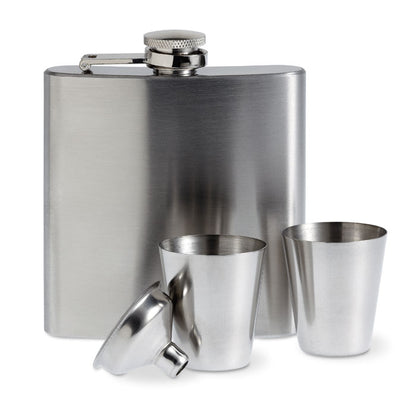 Licorera de metal mate con 2 vasos de chupito