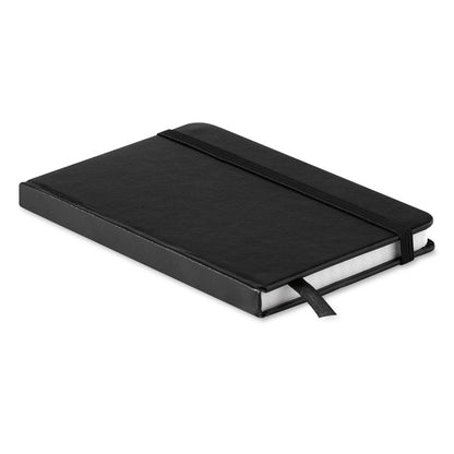 Vista lateral de Libreta negra con cierre goma y marcapáginas