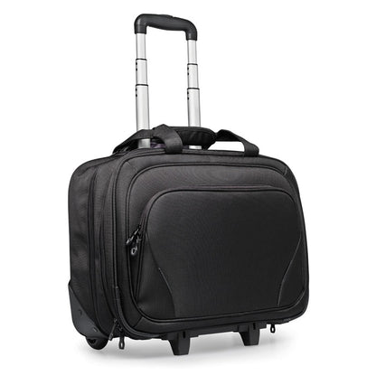 Trolley negro de poliéster con múltiples compartimentos y bolsillo para portátil y otro para Tablet.