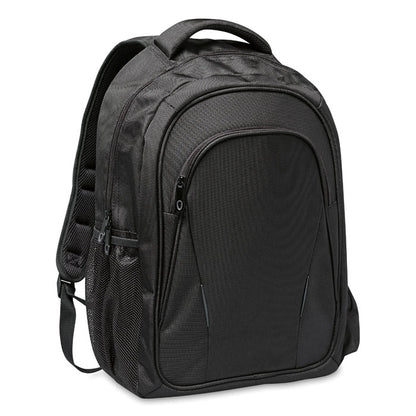 Mochila negra para portátil con bolsillo frontal con cremallera y bolsillos de red laterales 