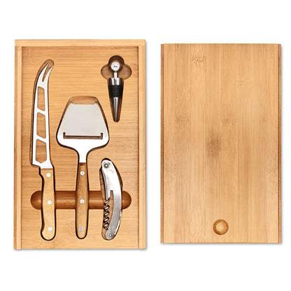 Set de queso y vino con cuchillo de acero inoxidable, rayador de queso, sacacorchos y tapón de acero inoxidable en caja de madera