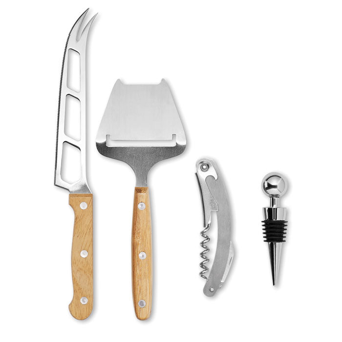 Accesorios de acero inoxidable y bambú para el set WINE&CHEESE, incluyendo un cuchillo, rayador, sacacorchos y tapón.