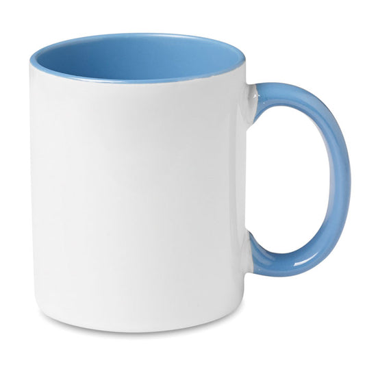 Taza de cerámica blanca con interior y asa azul, ideal para sublimación, 300 ml.