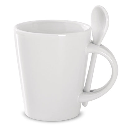 Taza de gres blanca con cuchara integrada en el asa