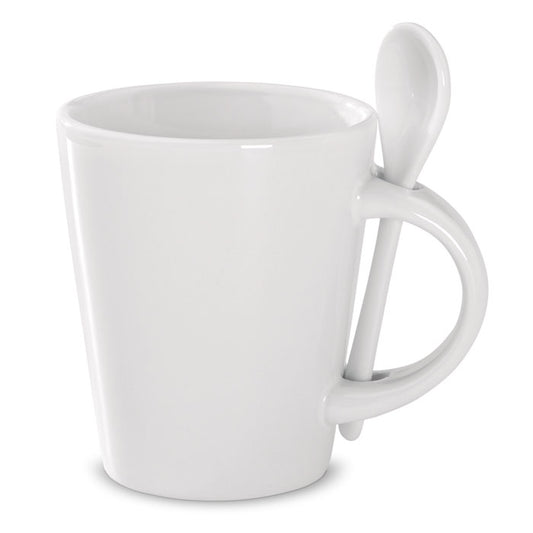 Taza de gres blanca con cuchara integrada en el asa