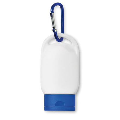 Pequeño bote de protector solar con tapa y mosquetón color azul