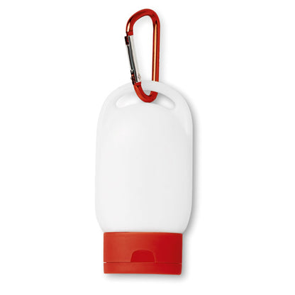 Pequeño bote de protector solar con tapa y mosquetón color rojo
