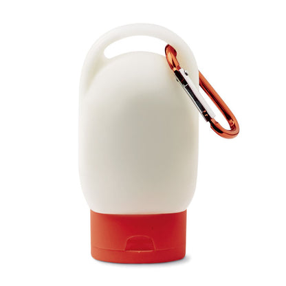 Pequeño bote de protector solar con tapa y mosquetón color rojo