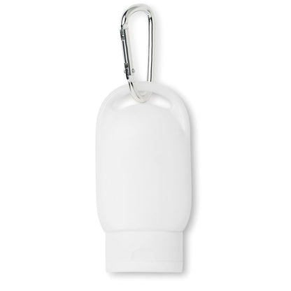 Pequeño bote de protector solar con tapa y mosquetón color blanco