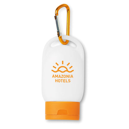 Pequeño bote de protector solar con tapa y mosquetón color naranja personalizado con logotipo