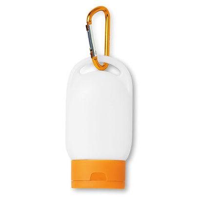 Pequeño bote de protector solar con tapa y mosquetón color naranja