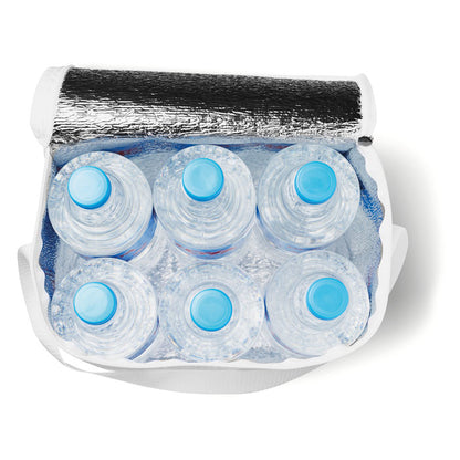 Vista superior de 6 botellas de agua mineral dentro de neveara portátil