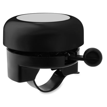Timbre de bicicleta con base de aluminio y botón negro de plástico.