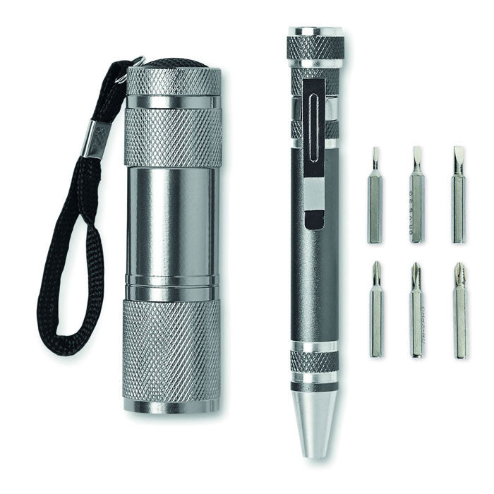 Set de linterna de aluminio con set de herramientas en bolígrafo con 6 cabezales diferentes. 