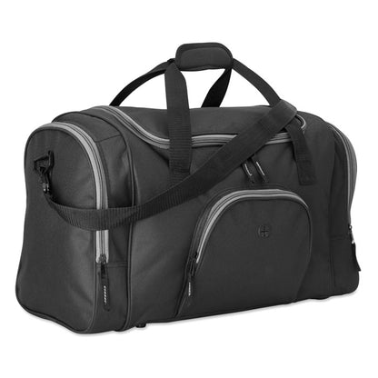 Vista lateral de Bolsa de deporte negra con bolsillo, asas y bandolera