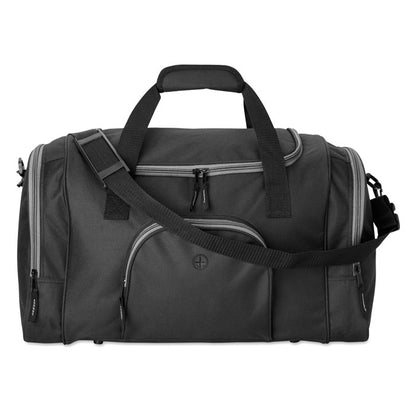 Bolsa de deporte negra con bolsillo, asas y bandolera