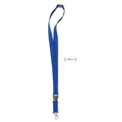 Lanyard con mosquetón y hebilla azul. 2 cm