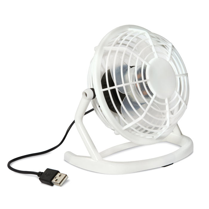 Ventilador USB color blanco de diseño compacto con cable USB visible, ideal para uso en escritorios.