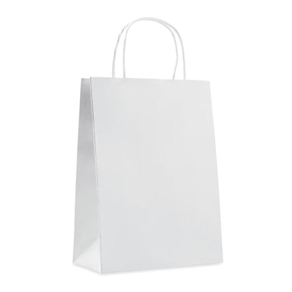 Vista izquierda de bolsa de papel blanca con fuelle y asas