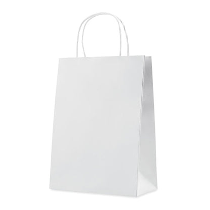 Vista derecha de bolsa de papel blanca con fuelle y asas