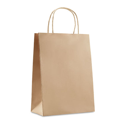 Vista izquierda de bolsa de papel kraft con fuelle y asas