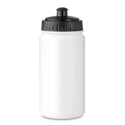 Botella deportiva de plástico blanco y tapa negra