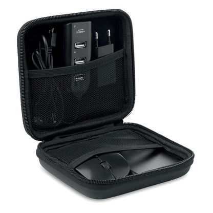  1 ratón inalámbrico, un concentrador USB 2.0 de 4 puertos, 1 enchufe UE y una batería externa de 4000 mAh en estuche negro con cierre cremallera