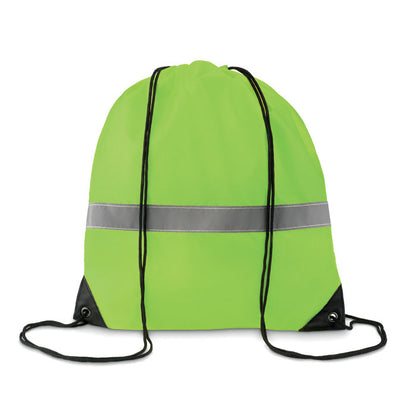 Mochila con cierre de cuerdas de políéster amarillo y con banda de tejido reflectante