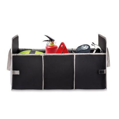 Cajón plegable organizador de maletero con objetos dentro