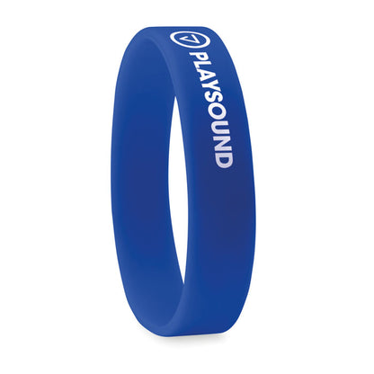 Pulsera de silicona azul con logo impreso en blanco