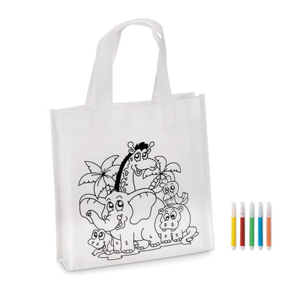 Bolsa blanca con dibujos de animales para colorear y 5 rotuladores al lado