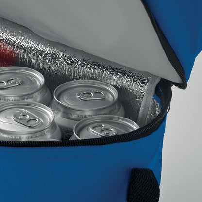 Vista detalle de latas dentro de nevera azul